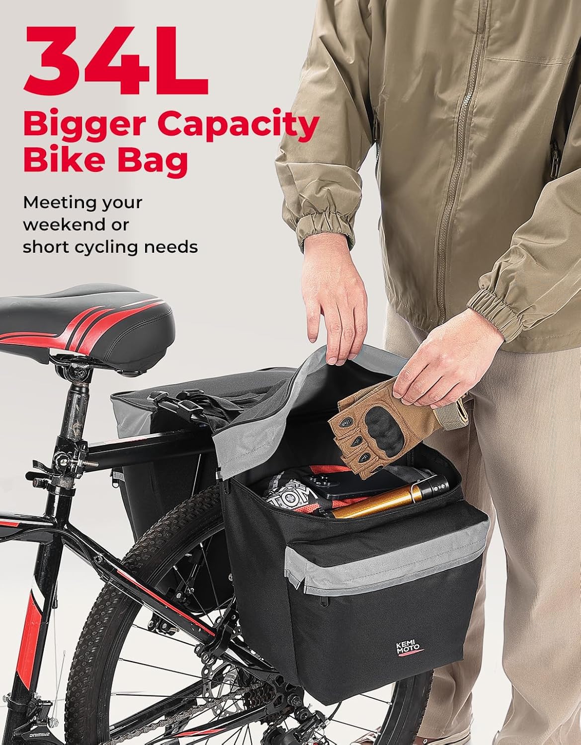 Detalle de KEMIMOTO 34L Bike Panniers with Rain Cover, 600D PVC, Gray