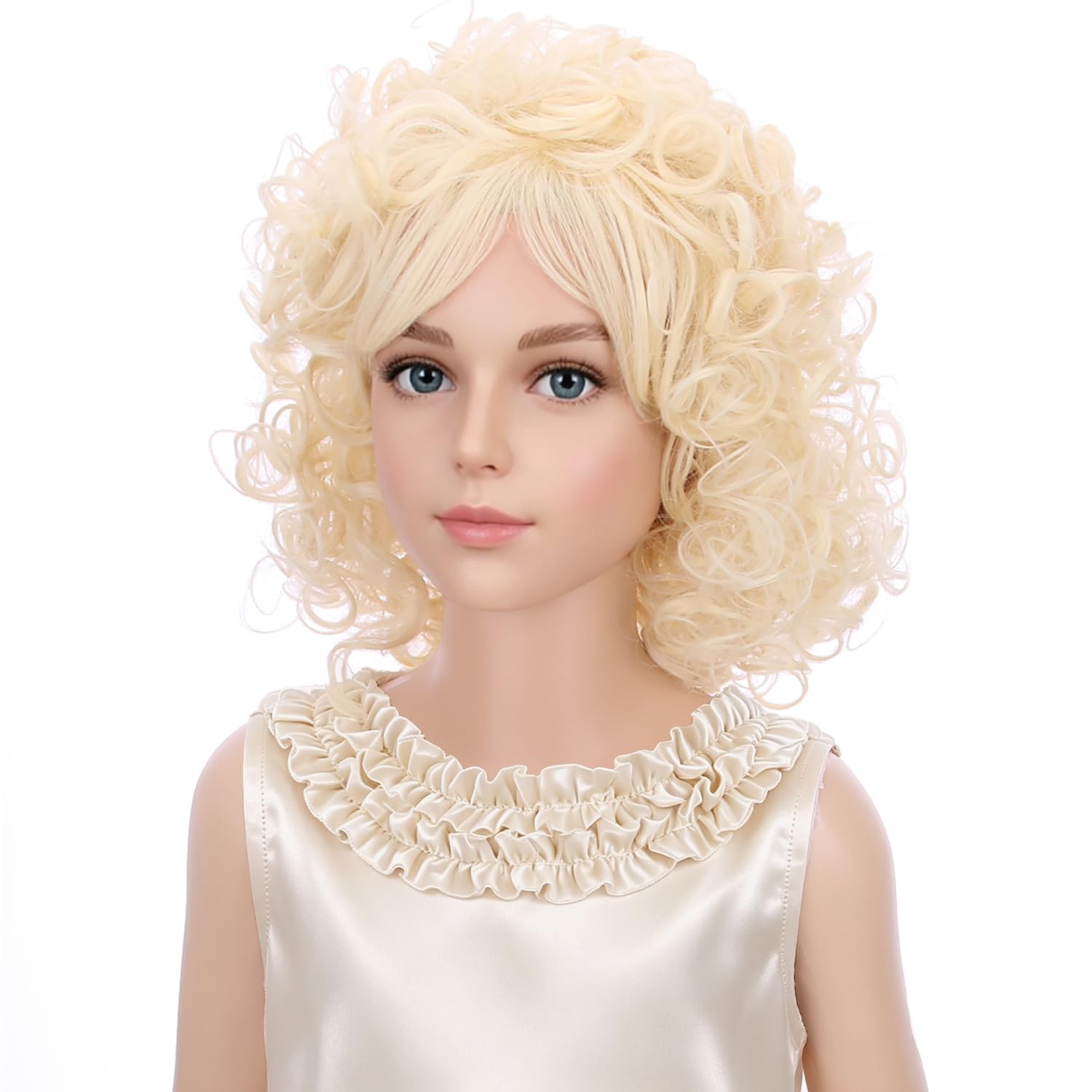 Detalle de PATTNIUM Curly Blonde Wig for Kids with Bangs, Shoulder-Length Synthetic Hair