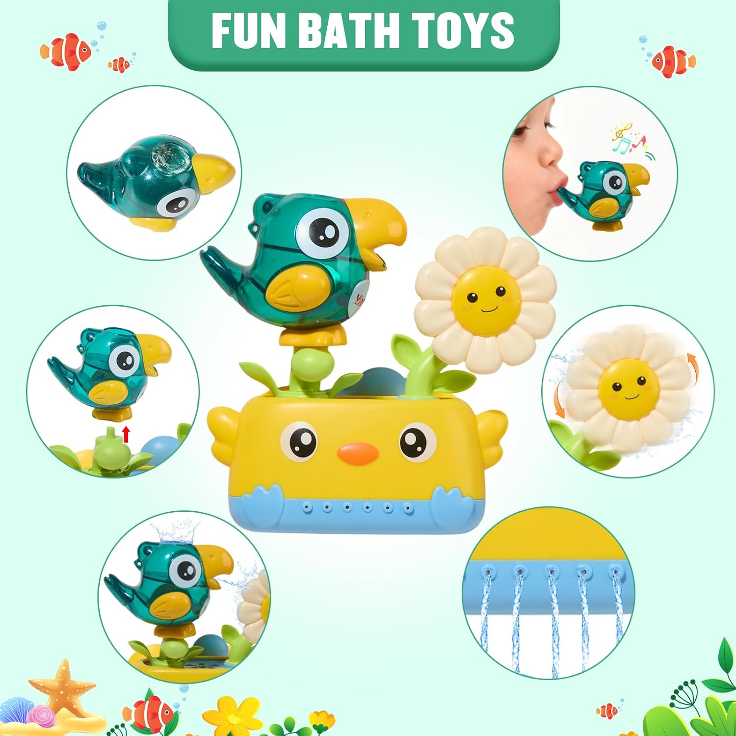 Detalle 2 de Toddler Bath Toys for 1–4 Years: Mould-Free Water Play Set with Bird Figurine, Rotating Cups and Spill-Back Whistle