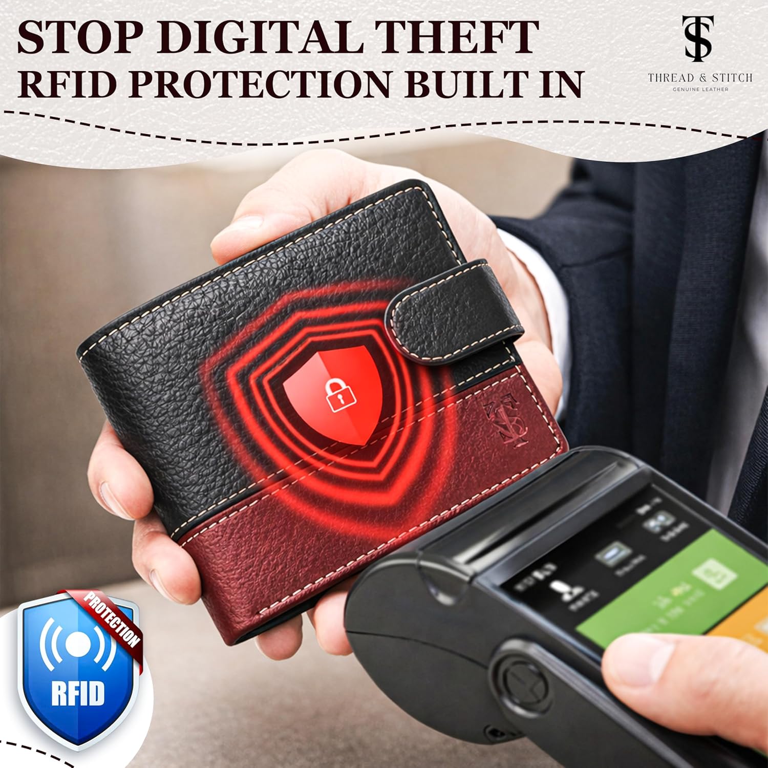 Detalle 2 de Thread & Stitch Genuine Leather Wallet for Men – Bifold with RFID Blocking and 10 Card Slots