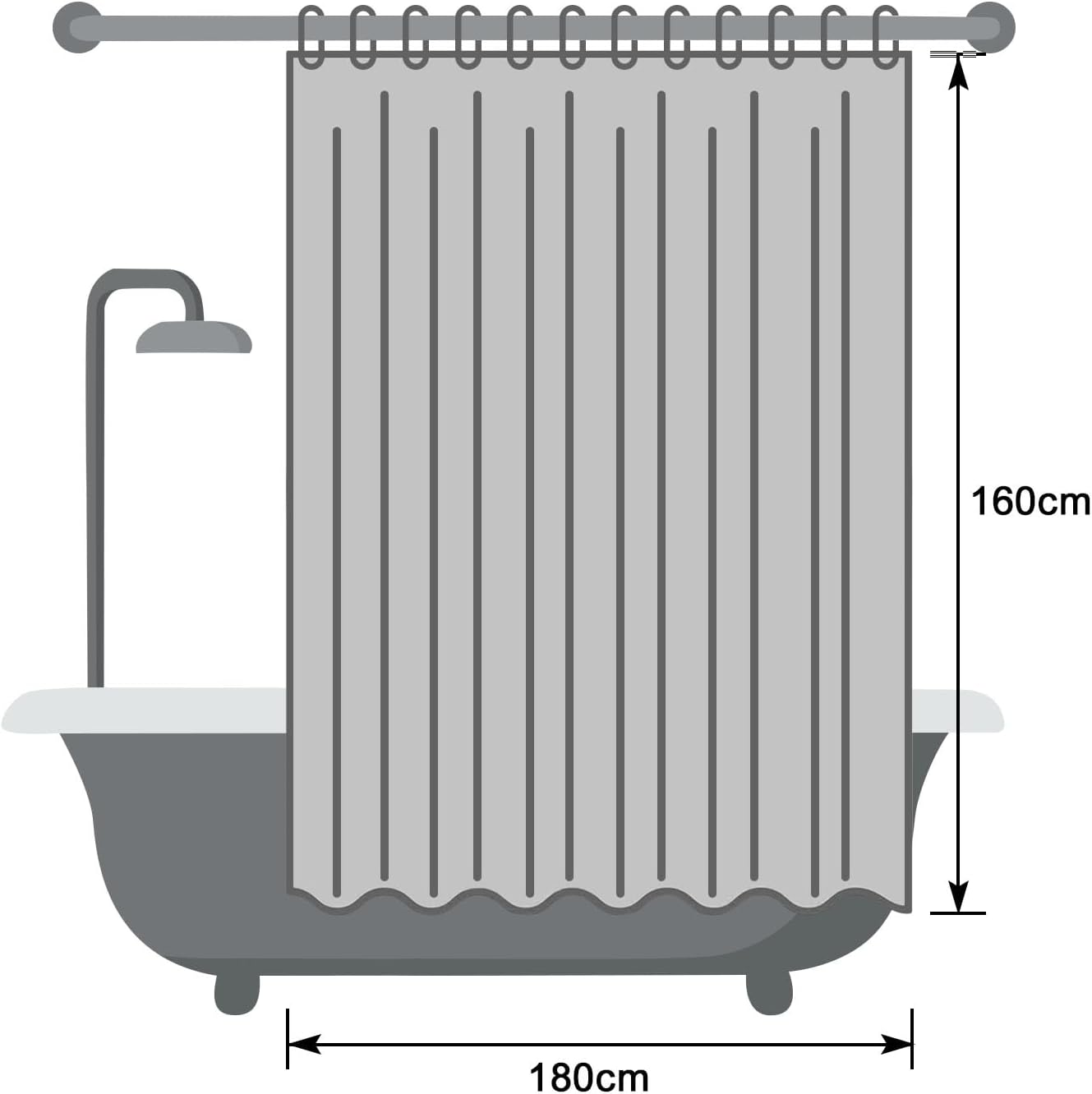 Thumbnail 6 de EurCross Duschvorhang Dunkelgrau 180x160 cm wasserdicht mit 12 Ringen