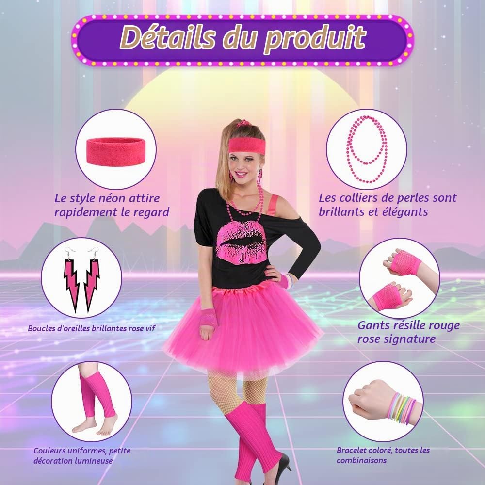Detalle 2 de AOMIG C2-XXXL8PS220611-FBA jaren 80-kostuumset XXXL met lippenprint en neonaccessoires