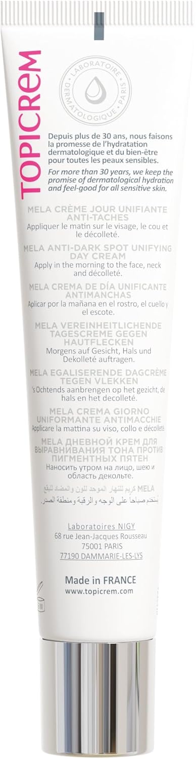 Detalle de Topicrem Mela Crème Jour Unifiante Anti-Taches - Hydrate 24h SPF50+ pour peaux sensibles, 40 ml