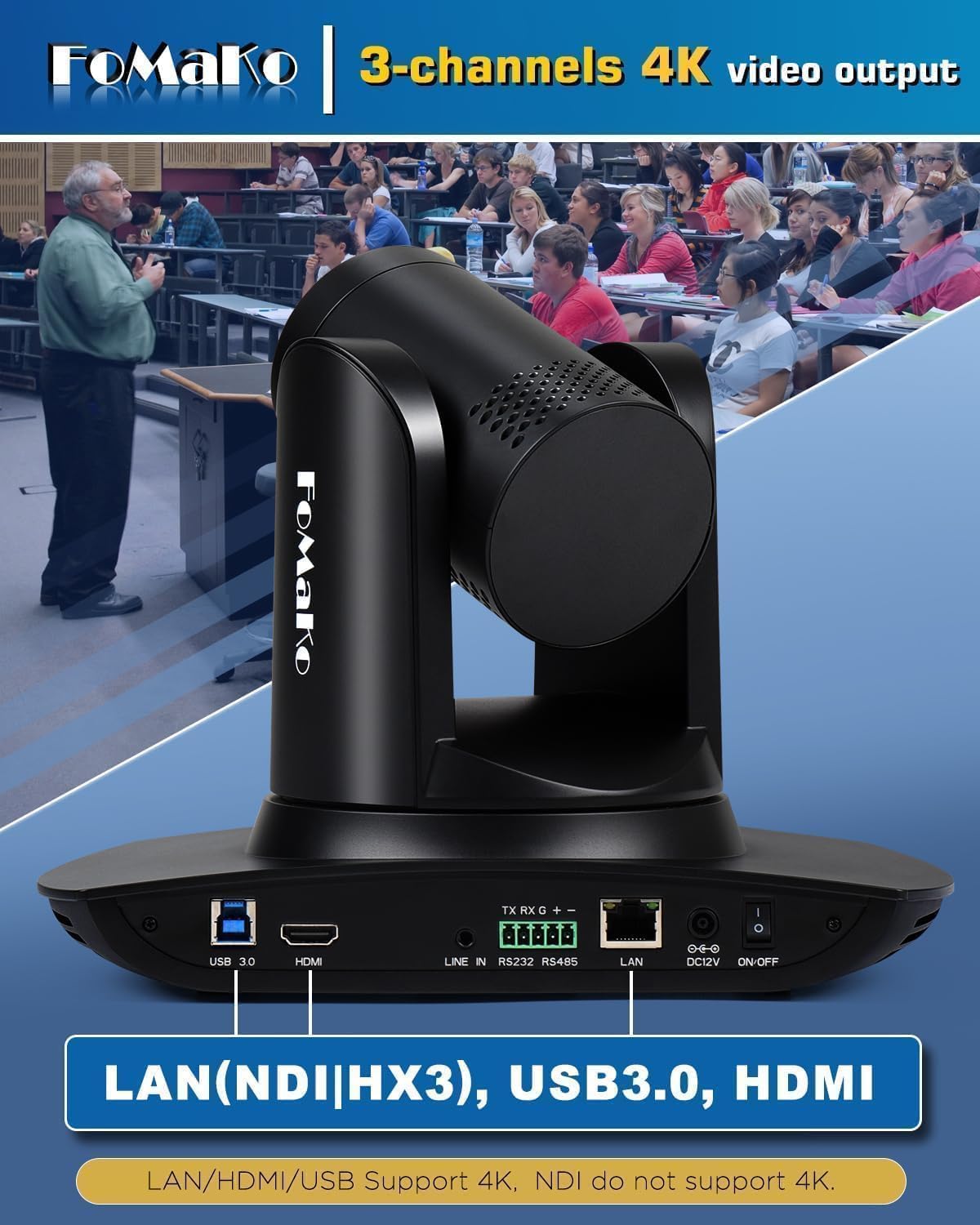 Detalle de FoMaKo 4K PTZ Kamera mit NDI HX3 – 20x optischer Zoom, KI-Tracking und Live-Streaming