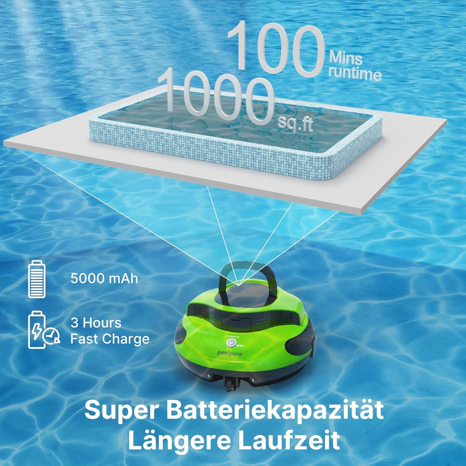 Detalle de POOLPURE Robot de piscine sans fil – Nettoyage rapide sur planchers plats jusqu’à 90 m²