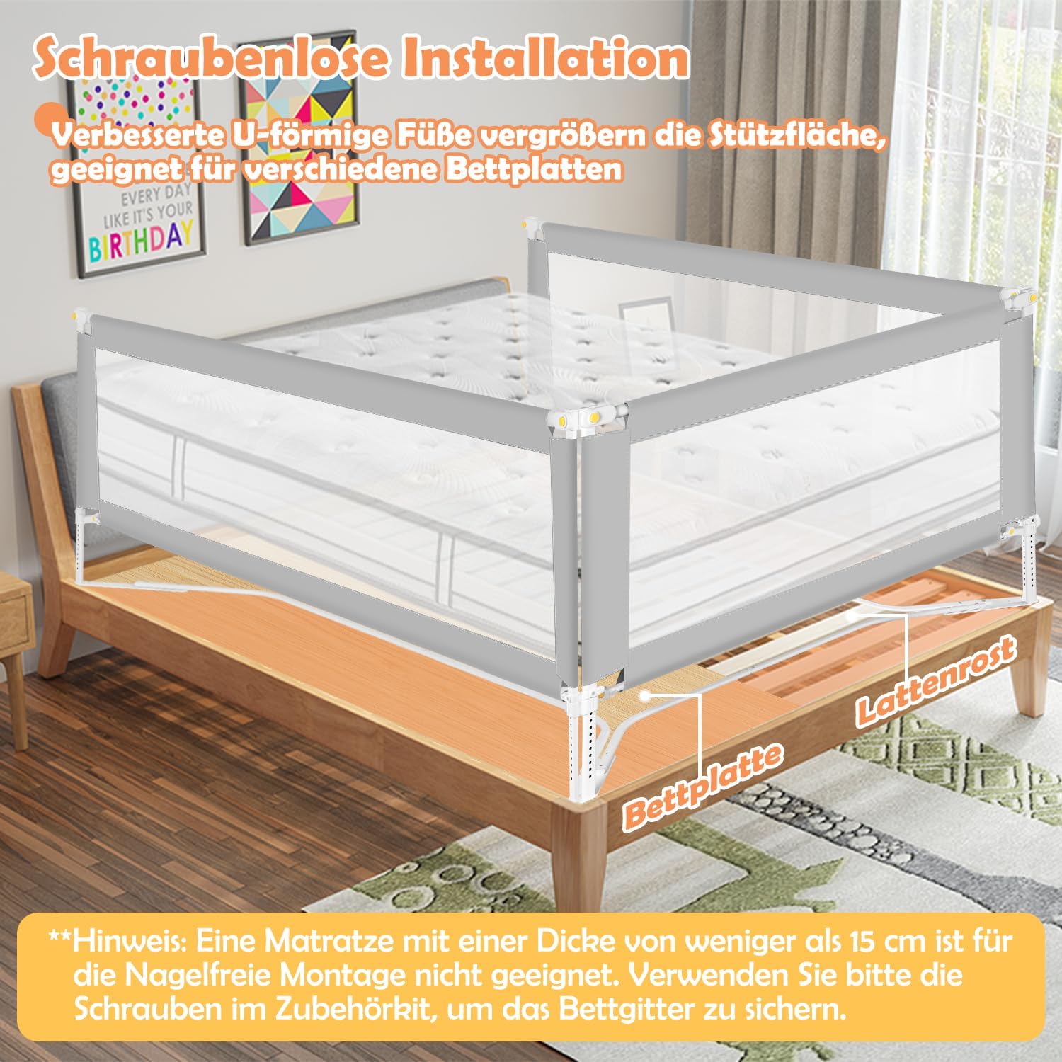 Thumbnail 3 de Ikodm Bettgitter Klappbar mit U-förmiger Basis – höhenverstellbar 68–95 cm, 200 cm + 180 cm (Grau)