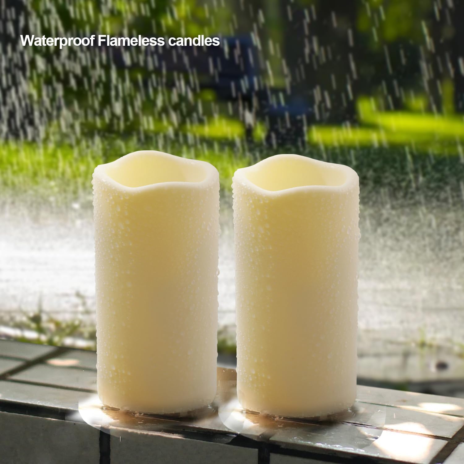 Detalle de Biyanuo 2er-Set wasserdichte Outdoor LED-Kerzen mit Fernbedienung & Timer
