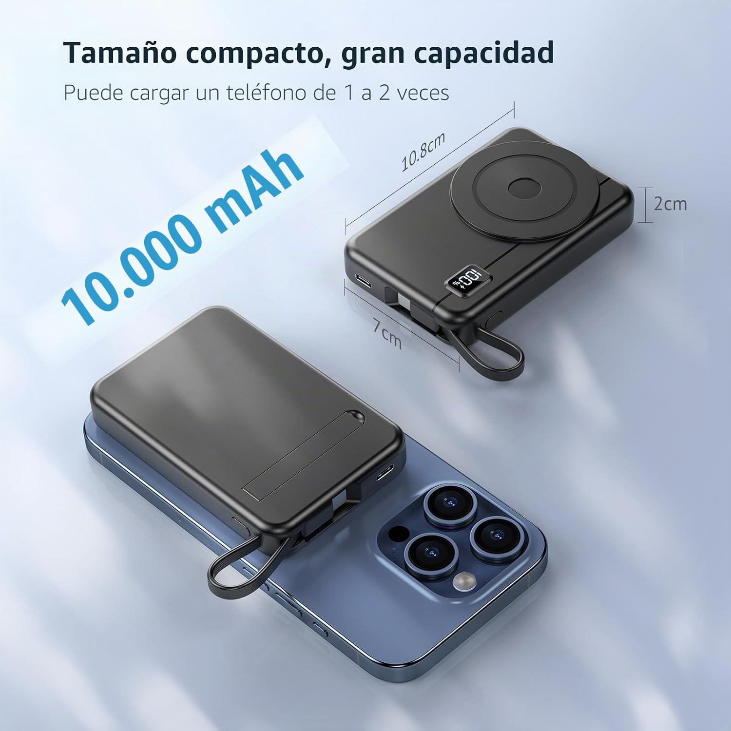 Detalle de Power Bank Magnético 10000mAh Moscsaz: carga inalámbrica 15W y 20W con USB-C y USB-A, indicación LED