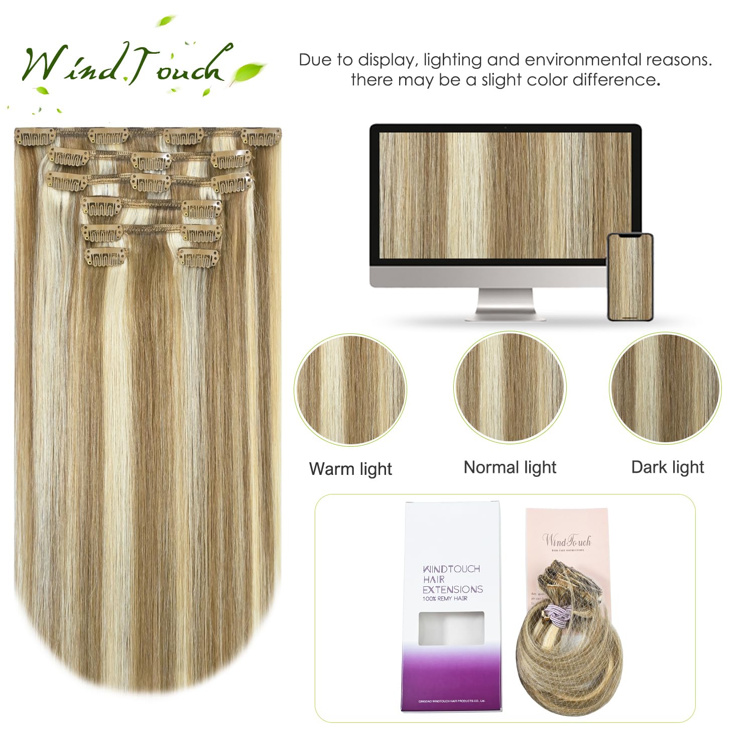 Thumbnail 3 de WindTouch Clip-In Hair Extensions (Human Hair Remy), Bleach Blonde #18p613, 18Inch, 7 Pieces