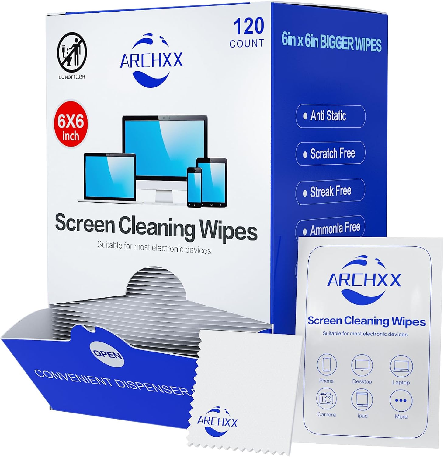 Detalle de ARCHXX Screen Wipes for Electronics (120 Count, 6x6) – Pre-Moistened Screen Cleaner
