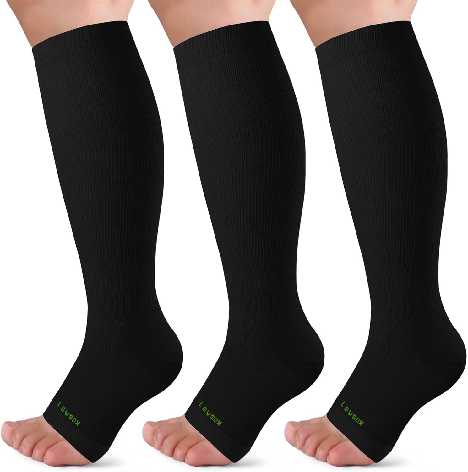 Detalle 2 de LEVSOX Open Toe Compression Socks for Women & Men 20-30mmHg — Knee High, Toeless Support Stockings