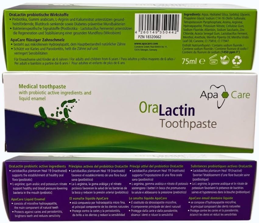 Detalle de Dentifricio rimineralizzante OraLactin con smalto liquido e fluoro – 3x75 ml