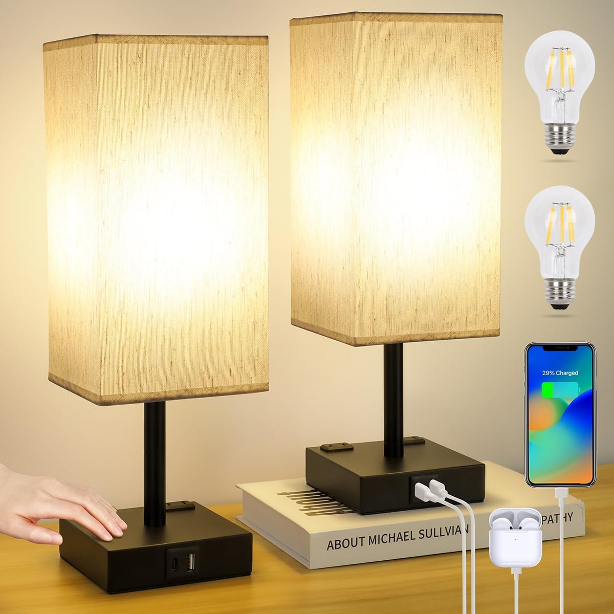 Thumbnail 6 de Soilsiu TD-018S Set of 2 Touch Table Lamps with USB-C, USB-A and Outlets
