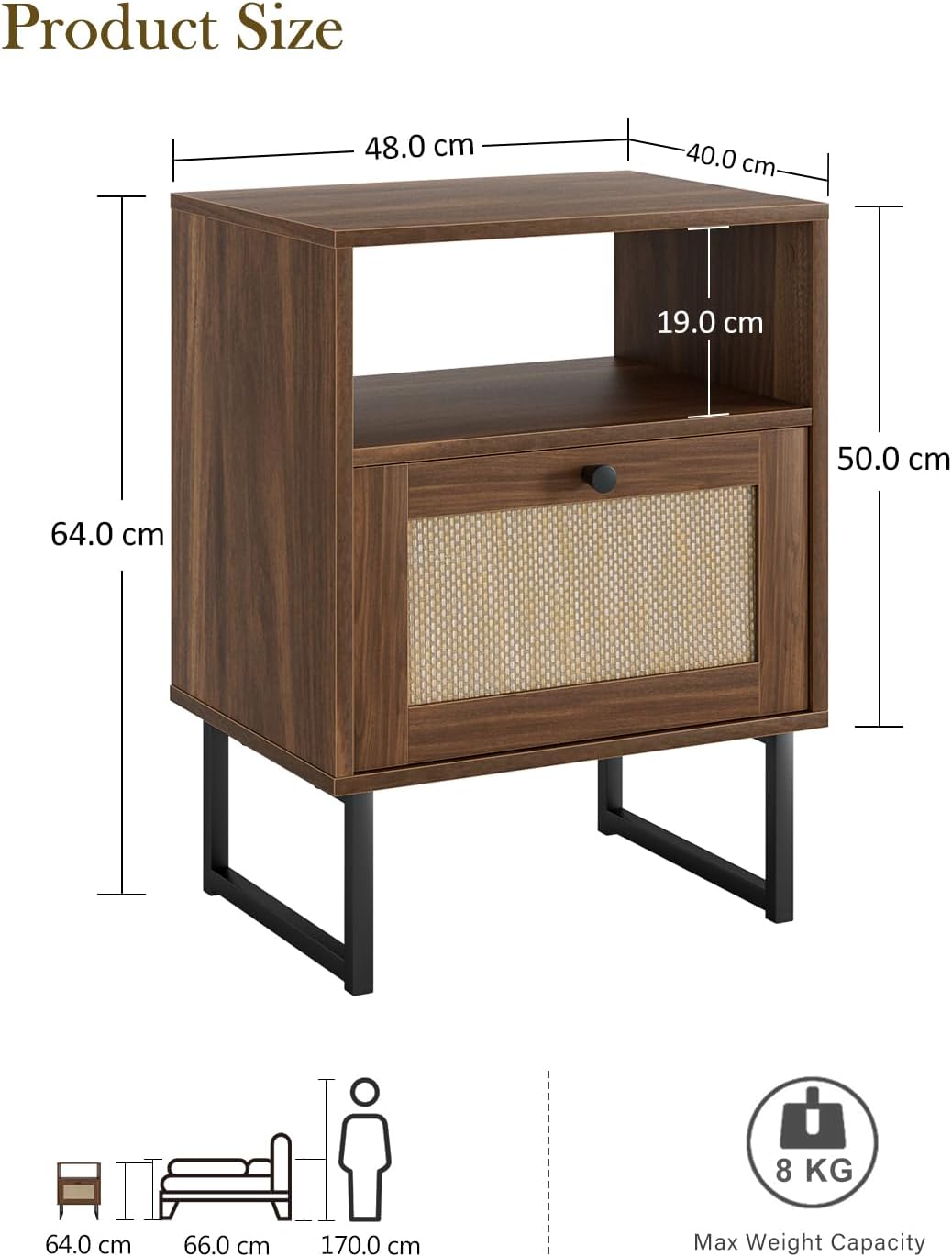 Detalle 2 de Masupu Rattan Night Stand, Walnut Brown Bedside Table with Drawer and Shelf
