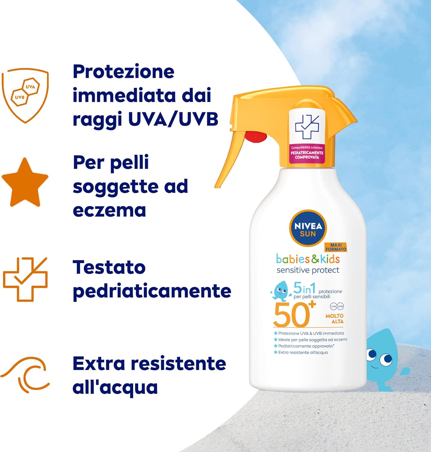 Detalle de NIVEA SUN Kids Sensitive Protect & Play SPF 50+ Spray 270 ml – protezione delicata per pelle dei bambini