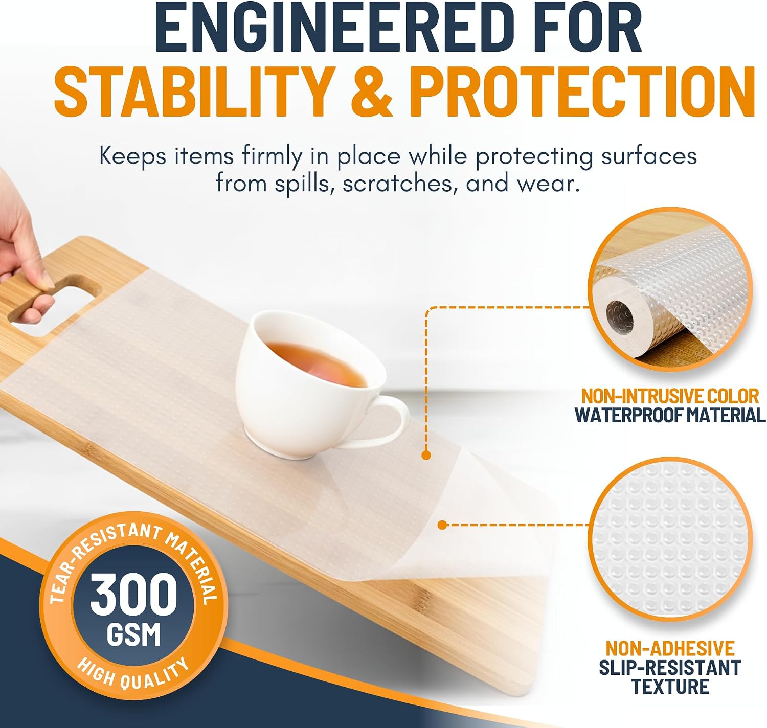 Detalle de Linda’s Essentials Kitchen Drawer Liners (44.5 x 500 cm) – Clear non-slip EVA mat for cupboards & fridge shelves