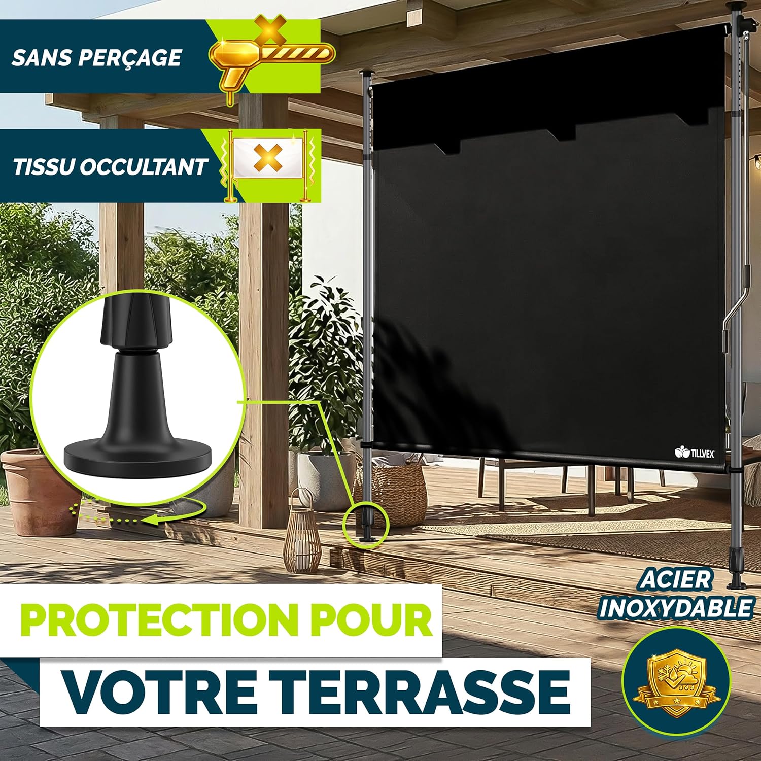 Thumbnail 3 de Tillvex Store Vertical 150 x 310 cm Noir avec manivelle – brise-vue extensible et sans perçage