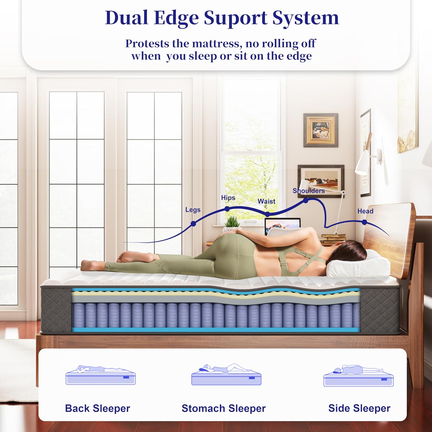 Detalle 2 de MOLPHIT 10 Inch Double Mattress (7-Zone Hybrid) – Memory Foam & Pocket Sprung, Medium Firm 135x190x25cm