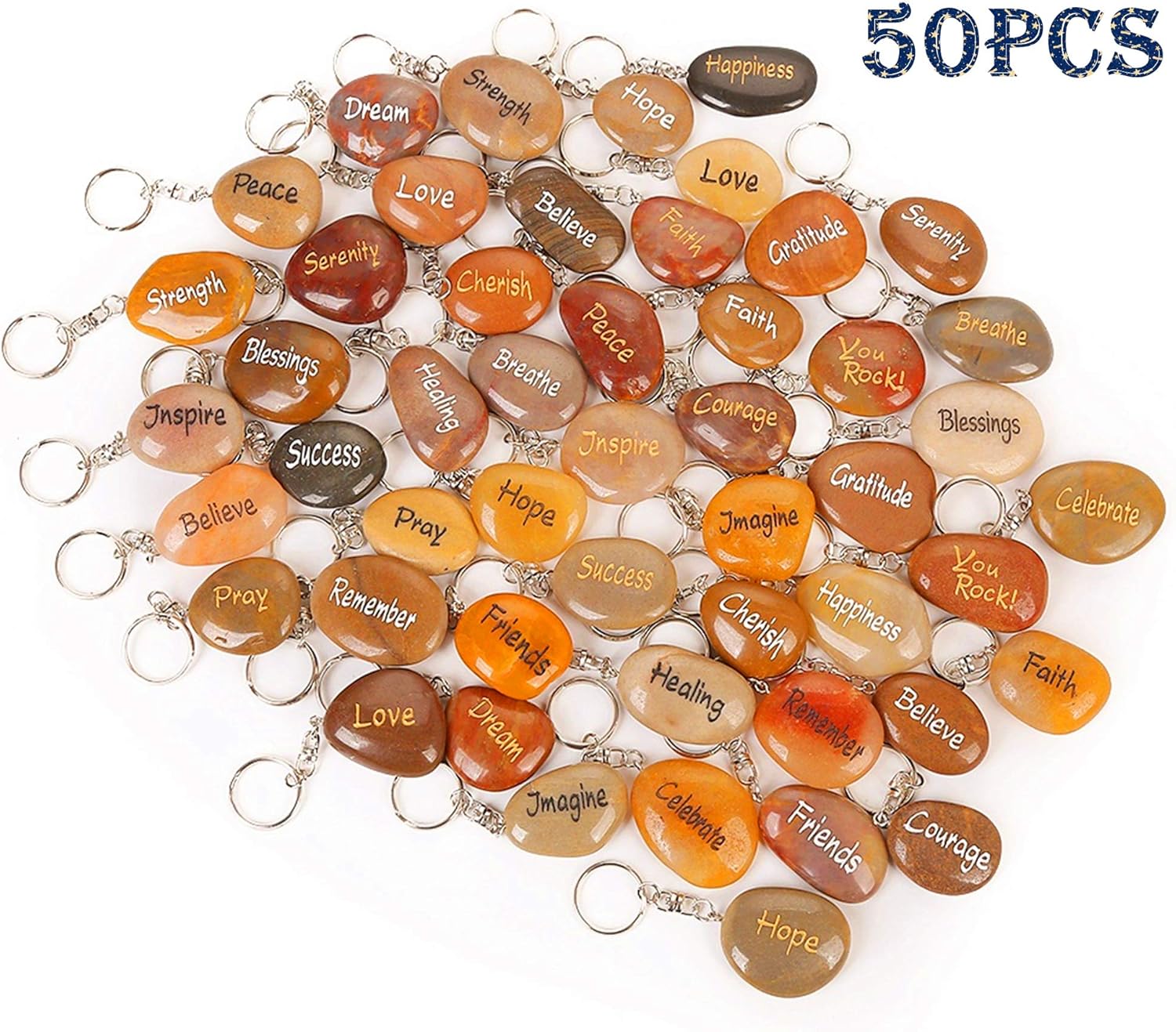 Detalle de RockImpact 50PCS Inspirational Stones Key Chains – engraved natural river rock key rings (50-pack)