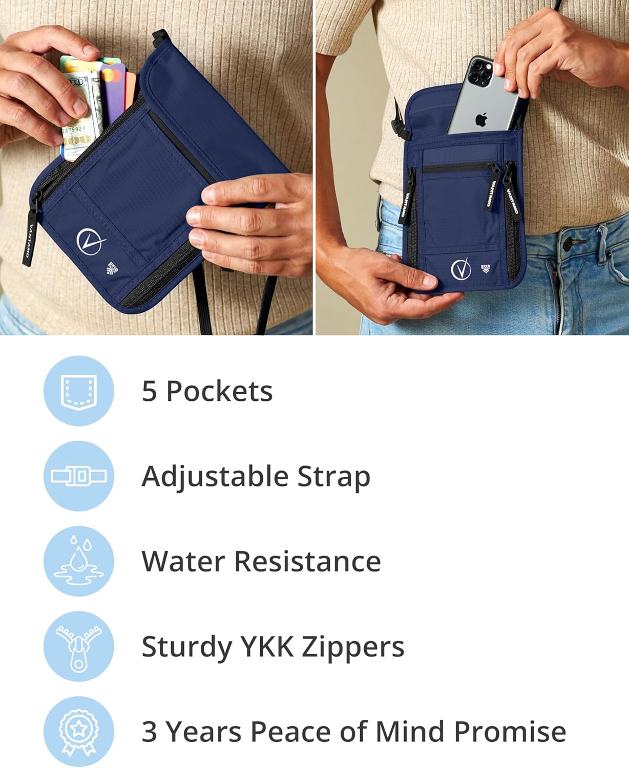 Detalle de Vantamo Pochette tour de cou – Porte-passeport RFID, bleu foncé