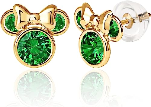Detalle de Pendientes Disney de oro amarillo 9 quilates Minnie con circonitas verde oscuro