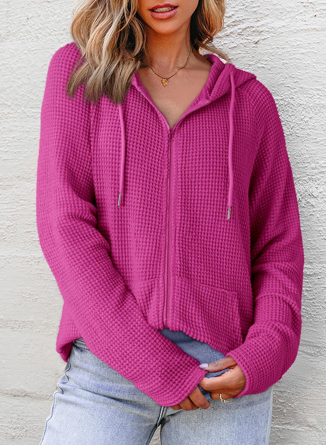 Detalle de Dokotoo Women's Waffle Knit Full Zip Hooded Sweatshirt