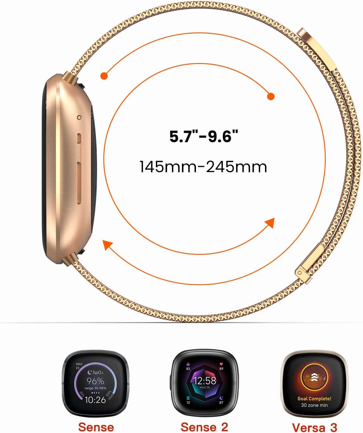 Detalle de Yoohoo Straps for Fitbit Versa 3/4 and Sense 2 – Adjustable Stainless Steel with Double Magnetic Clasp (Gold)