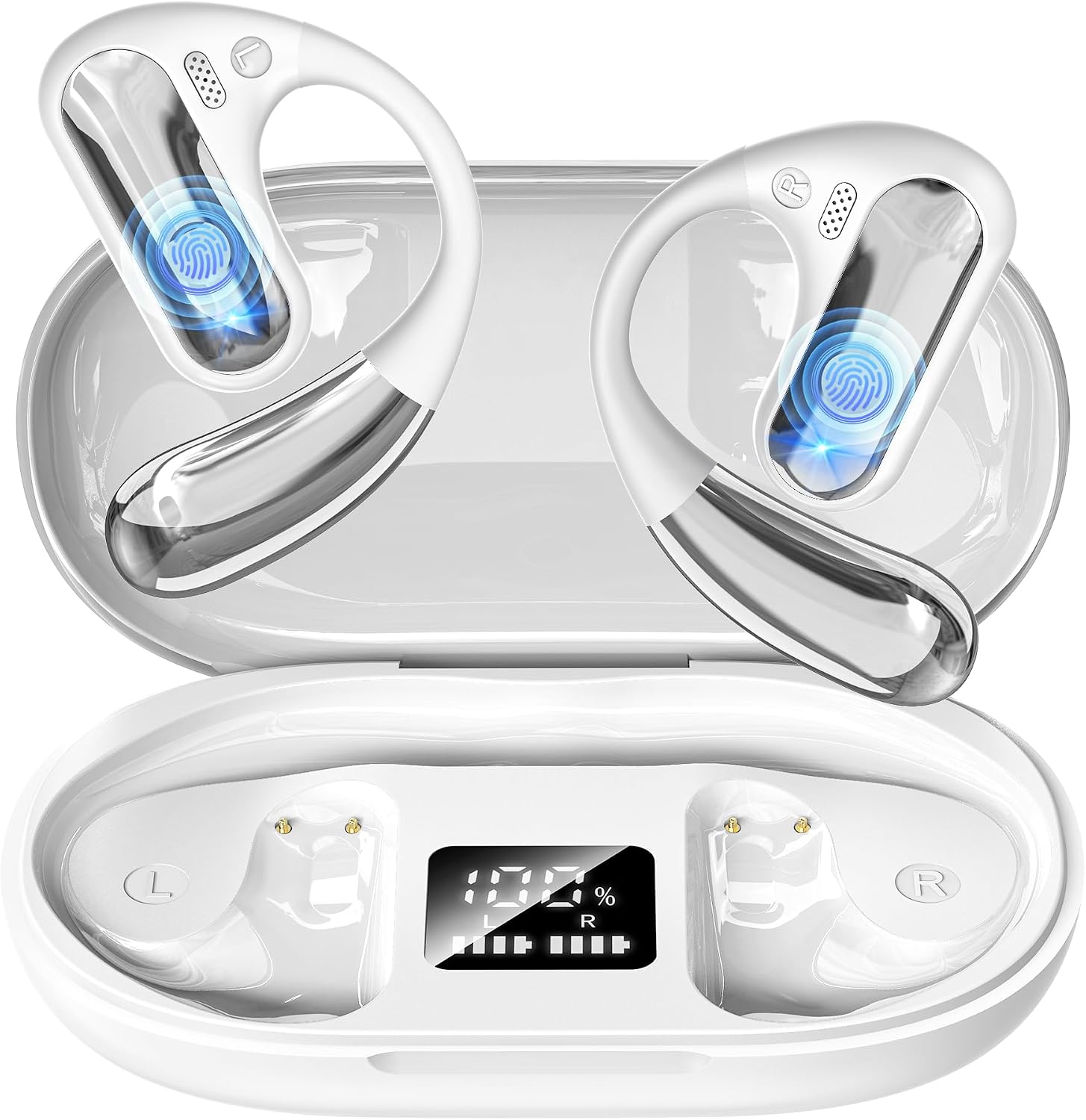 Detalle de Open Ear Headphones with Bluetooth 5.4 — 60H Playtime, LED Display Case, IPX7 Waterproof (White)