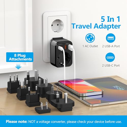 Detalle de JSVER Adaptador de viaje universal con 2 USB-C (PD 20W) y 8 enchufes reemplazables (Type D/G/C/A/I/M/L/J)