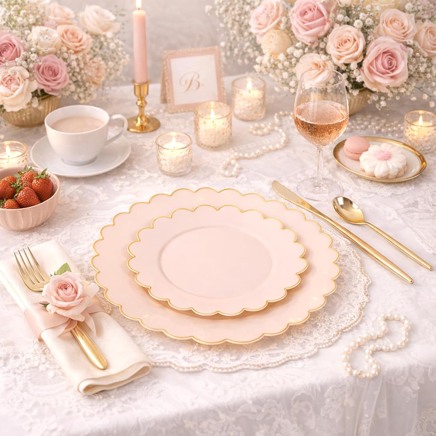 Detalle 2 de LIYH 60 Pcs Pink Plastic Plates with Gold Pink Rim – 30 Dinner (10.25") + 30 Dessert (7.5")