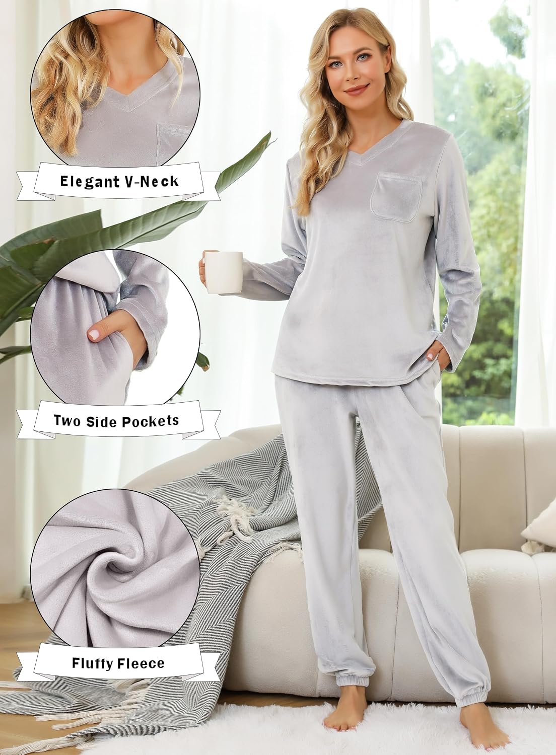 Detalle de Lovasy Women’s Fleece Pyjamas Set with Pockets – warm, fluffy two-piece loungewear for winter