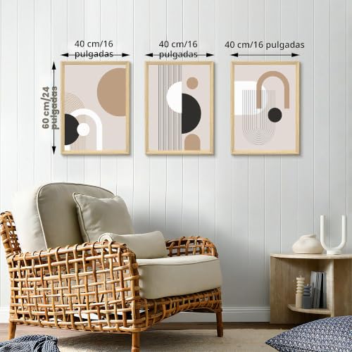 Detalle de 3 Pcs Mediados Siglo Geométrico: Líneas y Cuadros con Marco – Blanco/Marrón (40x60 cm) de FajerminArt