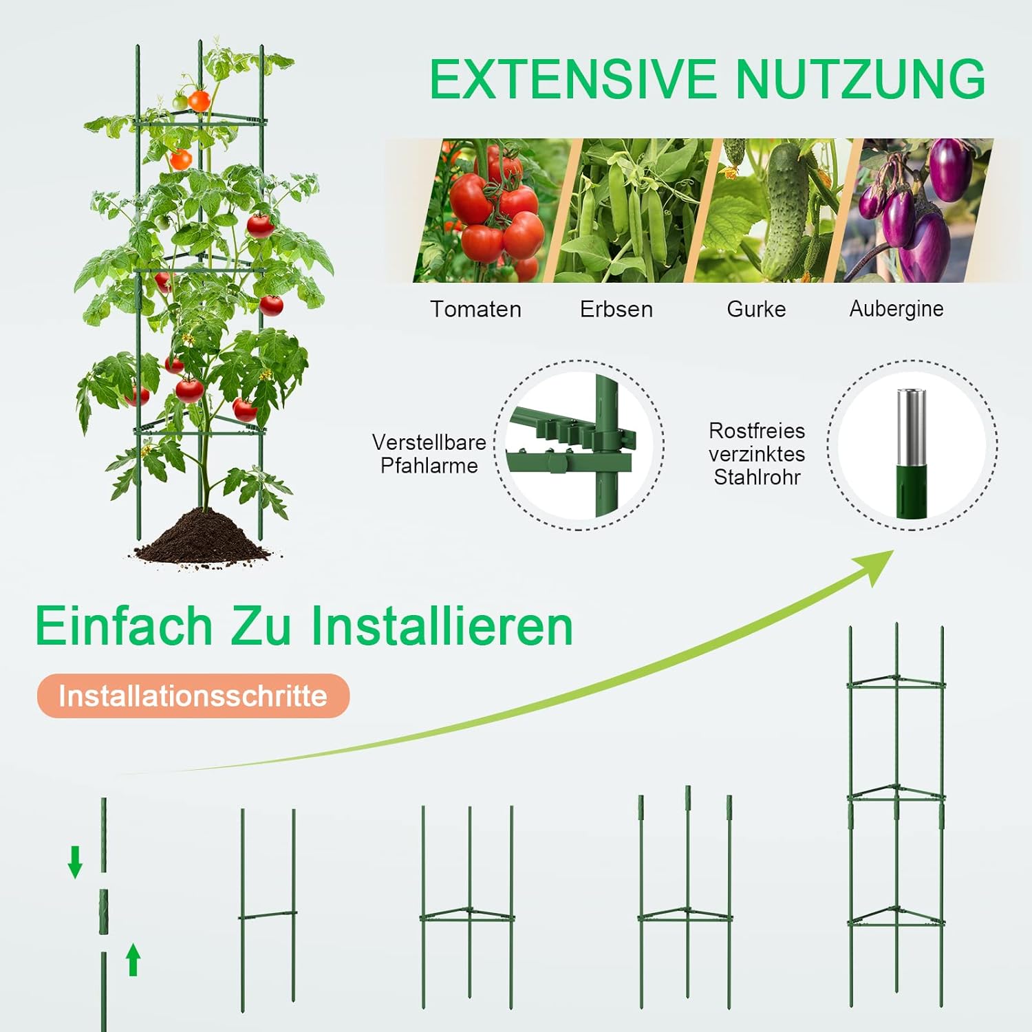 Thumbnail 2 de SUNYRISY Tomaten Rankhilfe im Set – einstellbare Pflanzenhalter (6er Set) mit Kletternetz, ca. 120 cm Höhe, grün