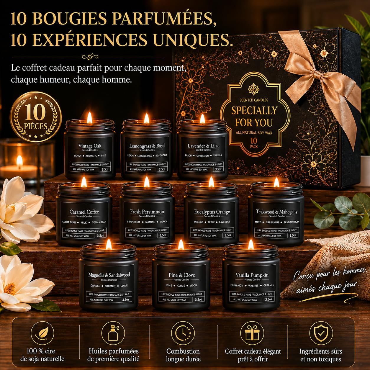 Detalle de Lot de 10 Bougies Parfumées pour Homme – Coffret Cadeau Premium en Verre et Pots Noirs