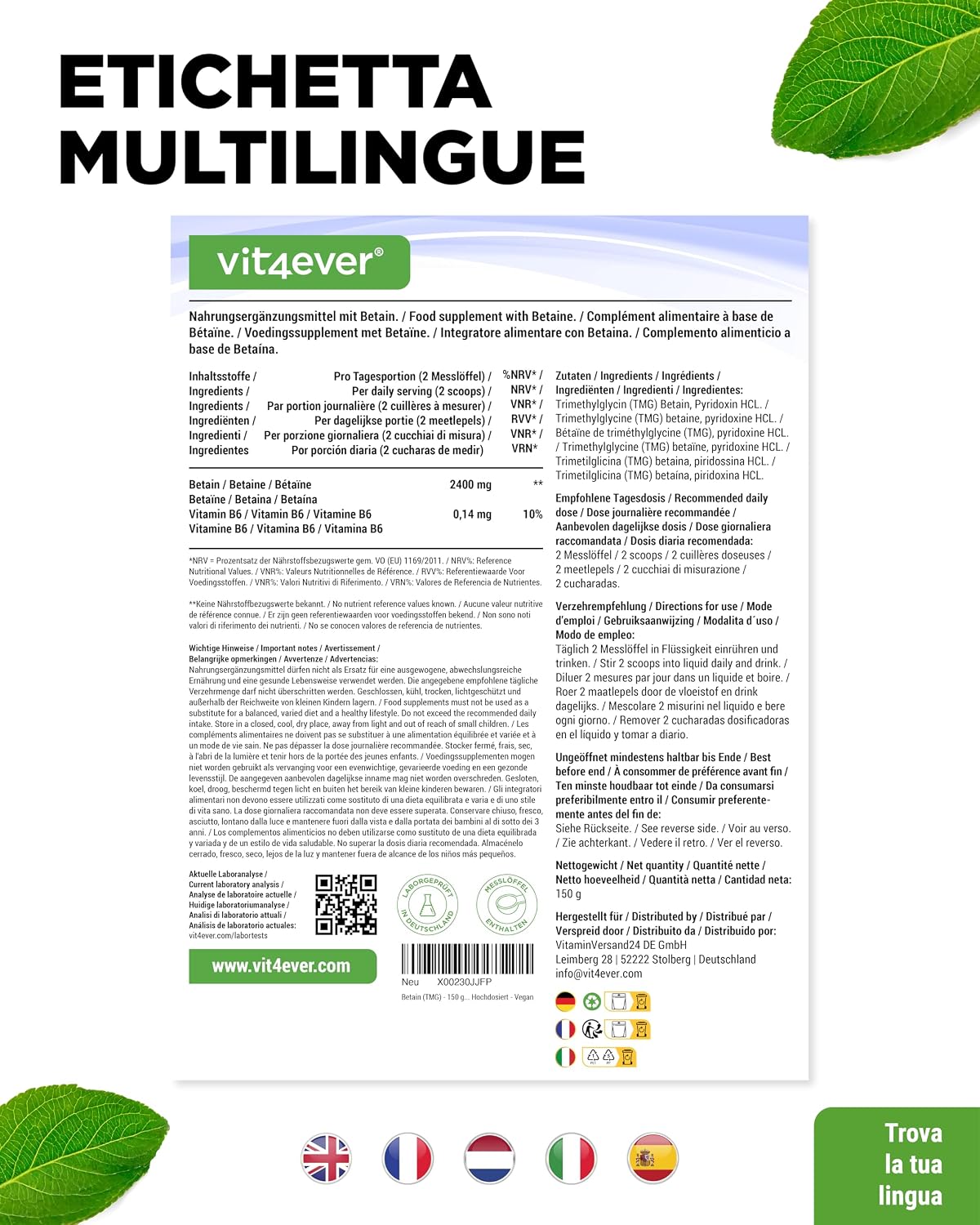 Detalle de Betaina Trimetilglicina 99% in polvere Purezza 99% (150 g) – Vegana