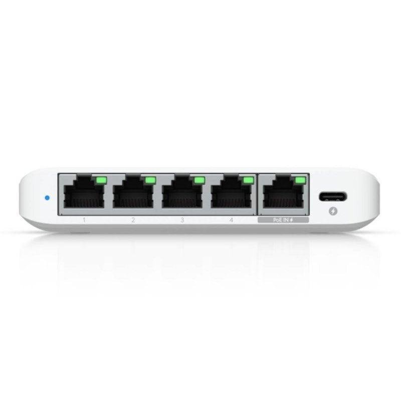 Detalle de Ubiquiti UniFi Flex Mini 2.5G: Switch gestionado de 5 puertos PoE USB-C para escritorio