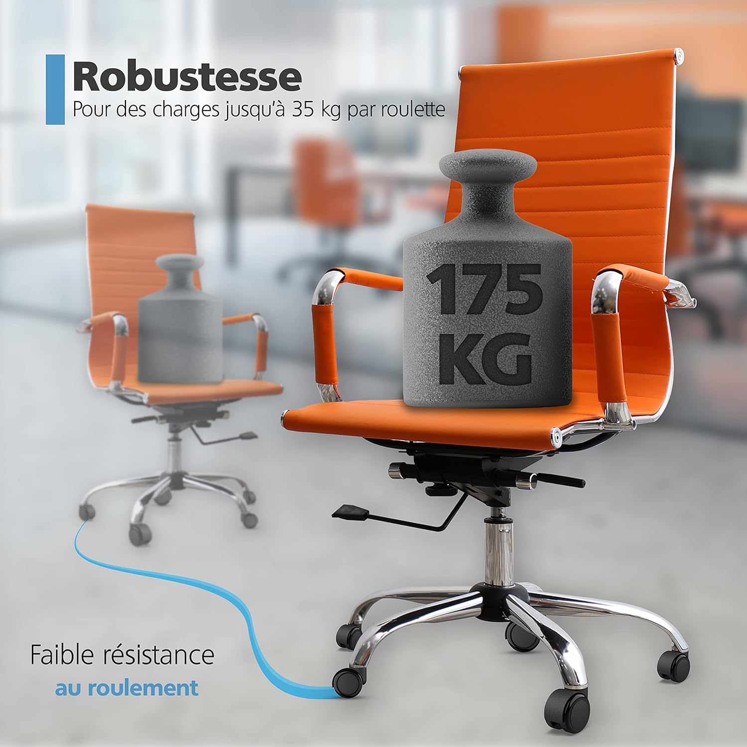 Detalle de RAVN HAMAN – Jeu de 5 roulettes de chaise de bureau 10 mm x 22 mm pour sols durs (175 kg au total) – Installation sans outil