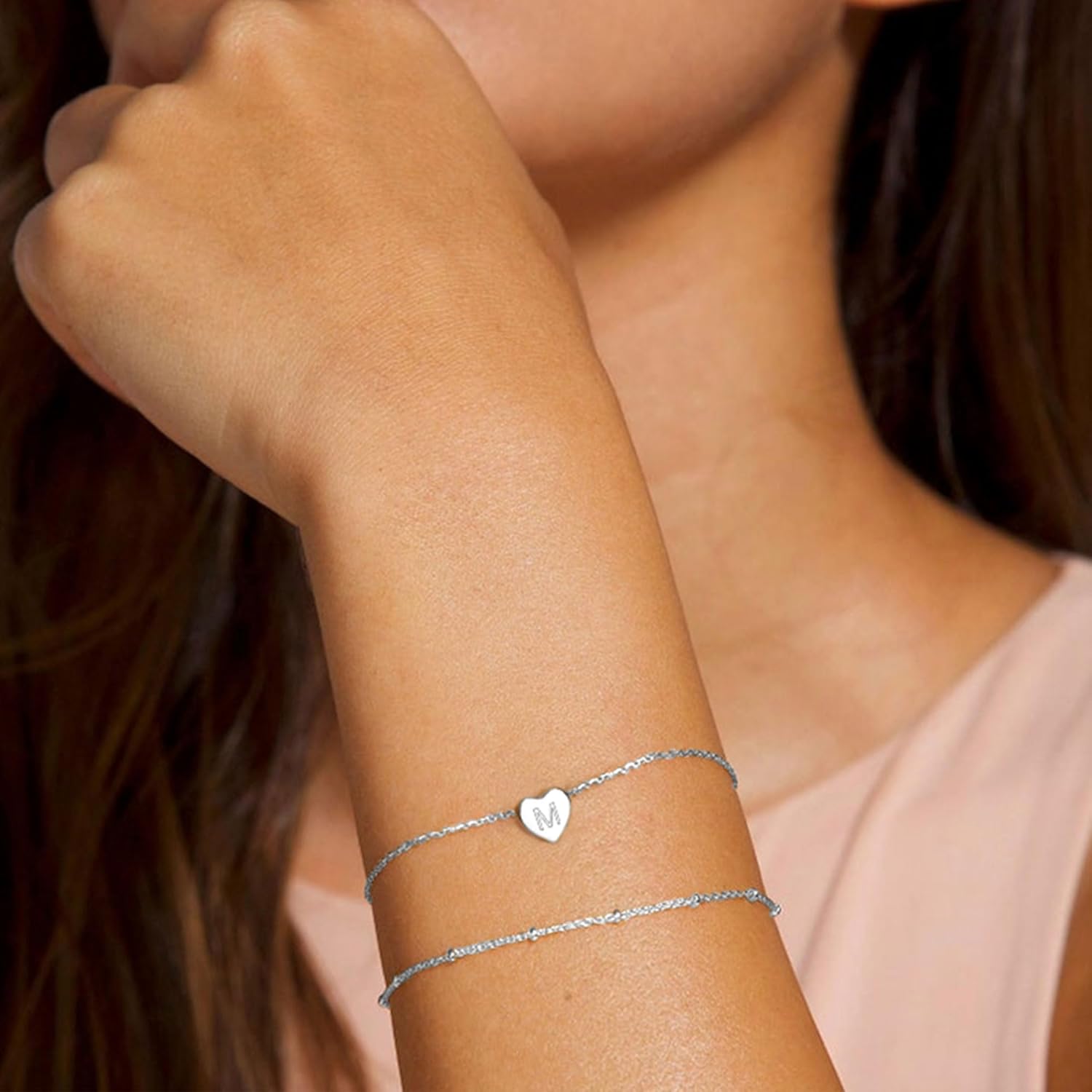 Thumbnail 2 de TINGN Bracelet cœur en argent et plaqué or blanc 14 carats avec initiales – Bracelet à breloques cœur, duo élégant