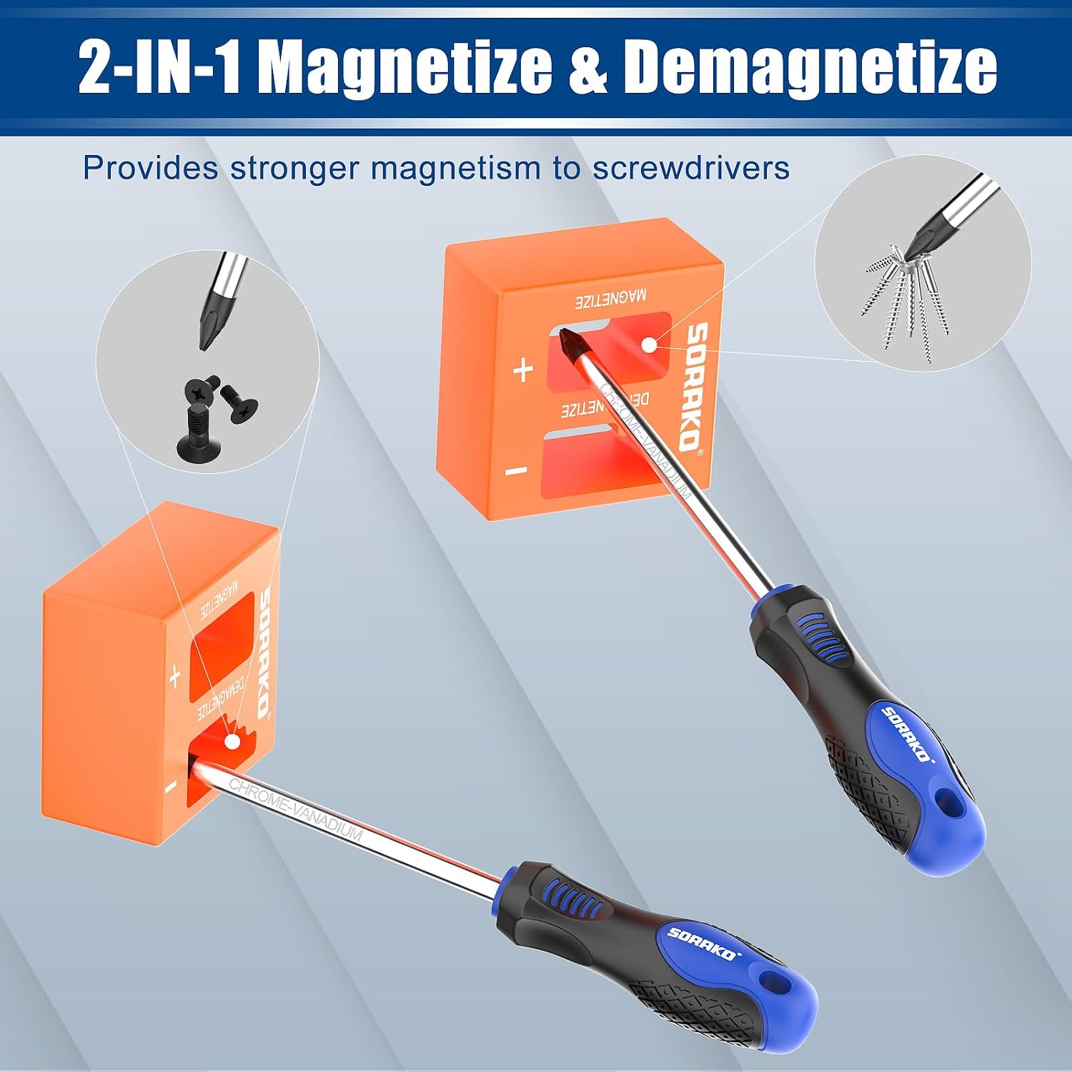 Detalle de SORAKO 11-Piece Magnetic Screwdriver Set (5 Phillips, 5 Slotted) with 2-in-1 Magnetizer