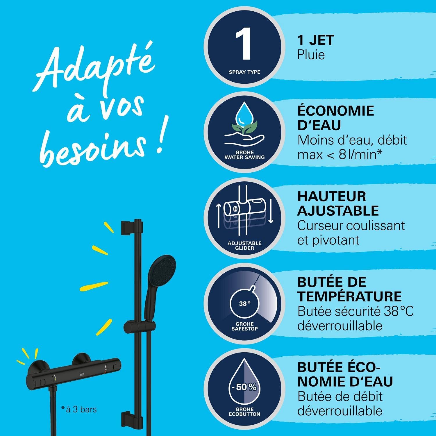 Thumbnail 3 de GROHE Precision Start Ensemble Douche avec Thermostatique – Pommeau Rond 11 cm, Flexible 1,75 m et Barre 60 cm (Noir Mat) – Économie d’Eau