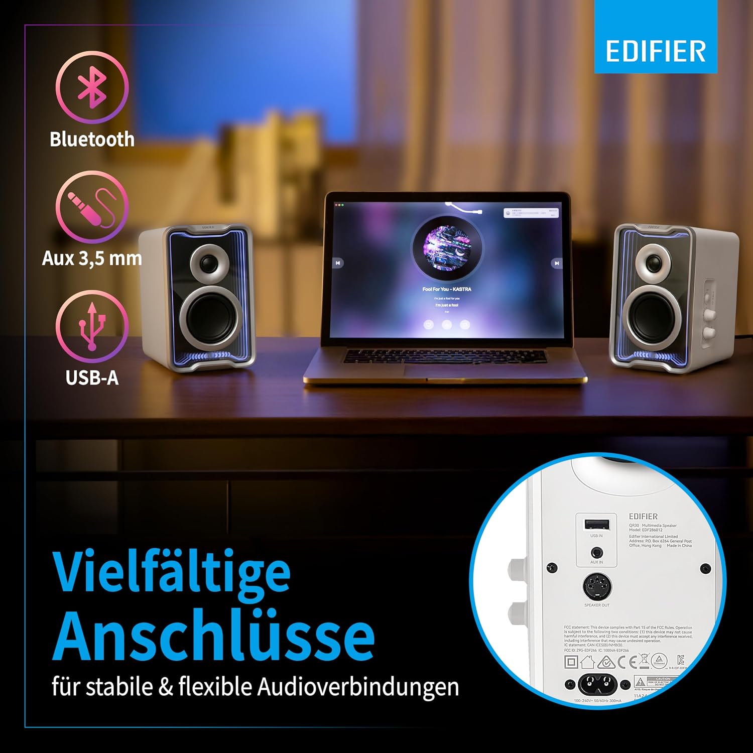 Detalle de Edifier QR30: Aktiver Desktop-Lautsprecher mit Bluetooth 5.4, 30 Watt RMS, Weiß