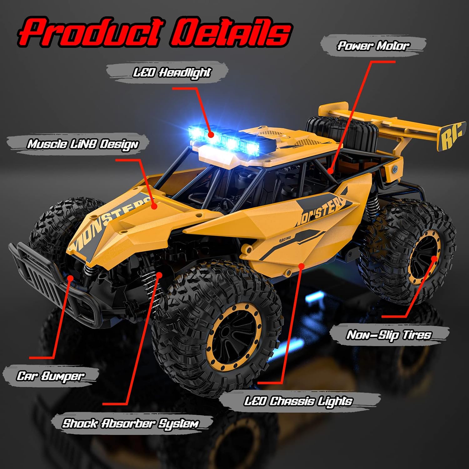 Detalle 2 de BLUEJAY 1809 RC Monster Truck, 2.4GHz, 33 km/h, LED Lights