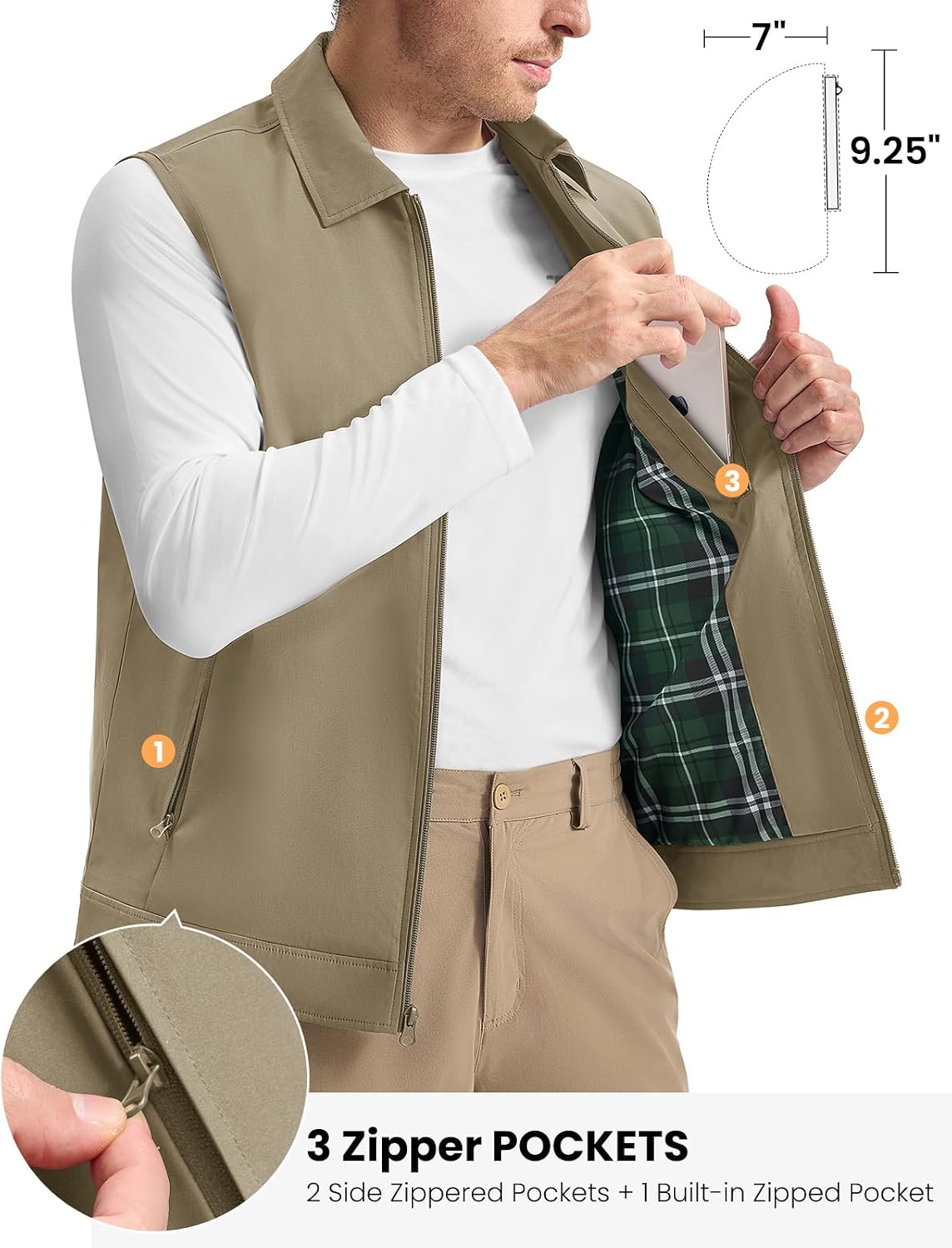 Detalle 1 de TBMPOY Men's Lightweight Utility Vest with 3 Zip Pockets and Plaid Lining