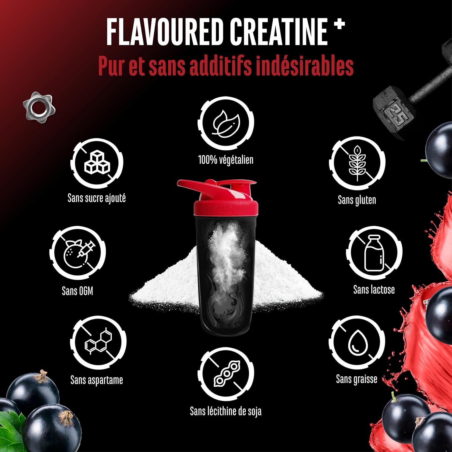 Detalle 2 de Flavoured Creatine poudre – 550 g, Creatine Monohydrate + L-taurine, Saveur Fraise – vegan & sans sucre