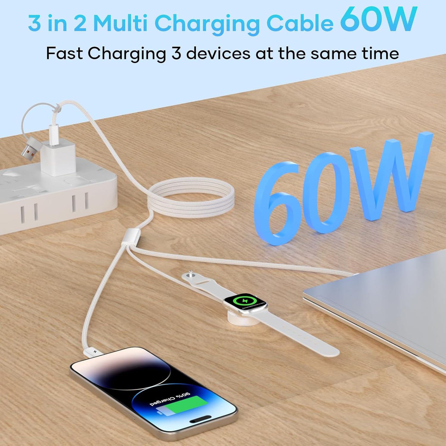 Detalle de Esiposs 3-in-1 Magnetisches Ladekabel für Apple Watch und iPhone: 60W USB-C Schnellladen, 1,5 m