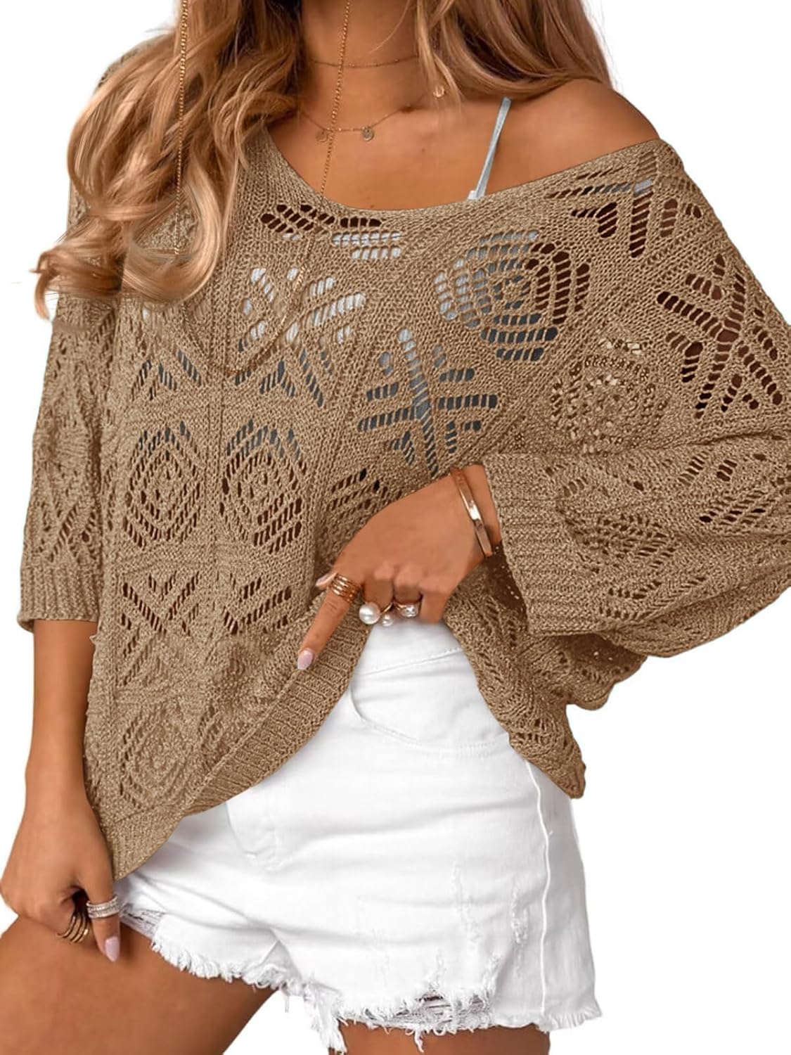 Detalle de Saodimallsu Womens Crochet Cover Up Top — Mesh Boho Beachwear, Off-Shoulder 3/4 Sleeve