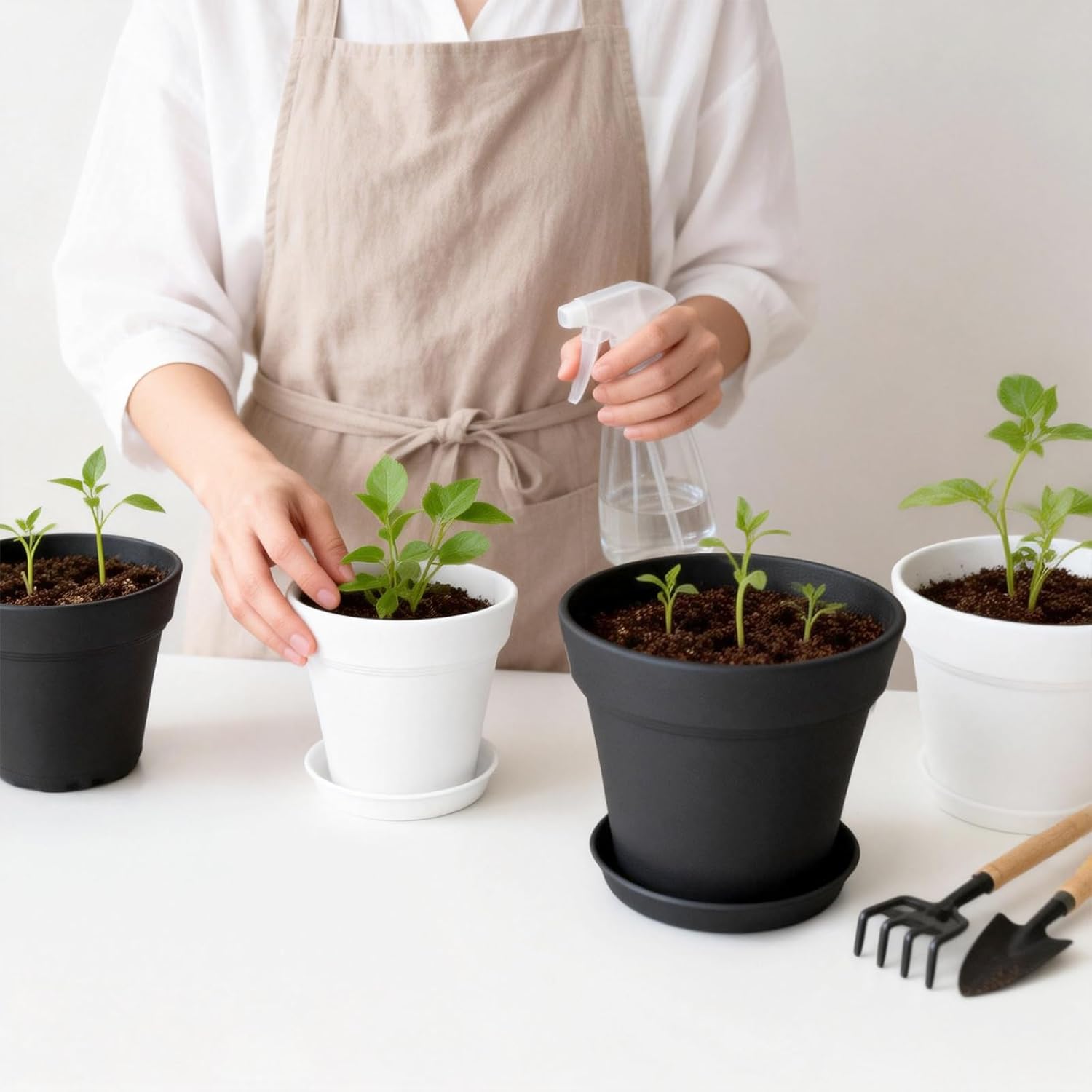 Thumbnail 6 de KINGLAKE 6-Piece 15cm Plastic Plant Pots with Drainage and Trays – Indoor/Outdoor Nordic Style