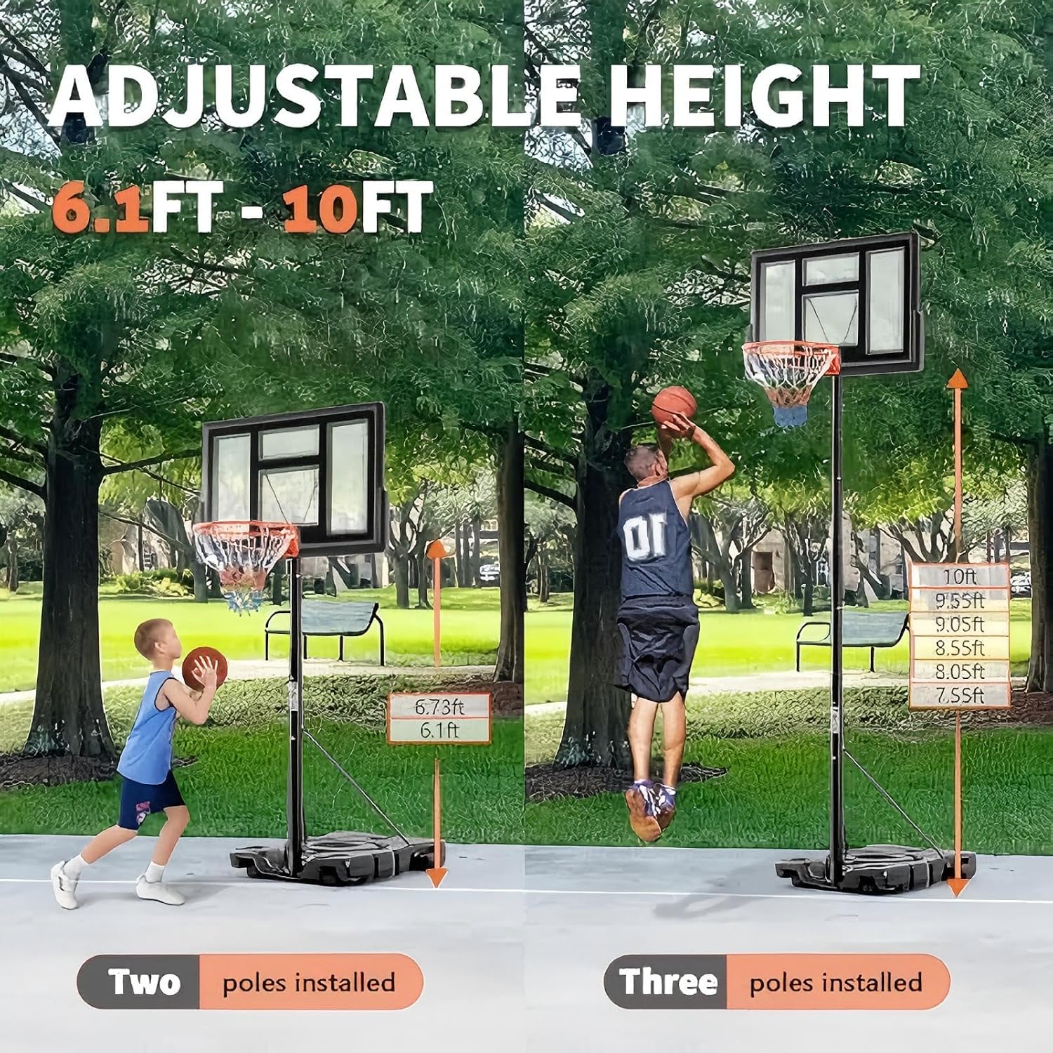 Detalle de DUMOS 6.1-10FT Adjustable Portable Basketball Hoop with 44-Inch Backboard