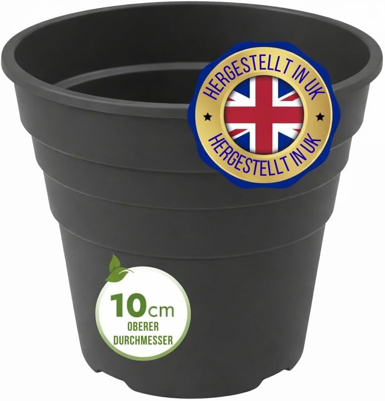 Detalle 2 de Happy Pots pot de fleurs en plastique 10 cm – lot de 5 – avec trous de drainage (noir, fabriqué au Royaume-Uni)