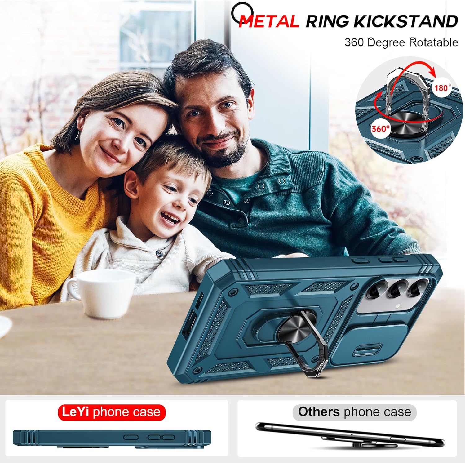 Thumbnail 6 de LeYi Military Shockproof Case for Samsung Galaxy S25 with Slide Camera Cover, Tempered Glass & Ring Stand (Blue)